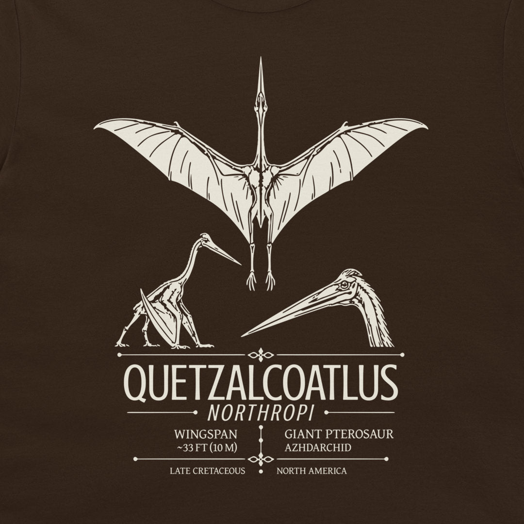 Quetzalcoatlus northropi museum-style pterosaur design on dark chocolate T-shirt