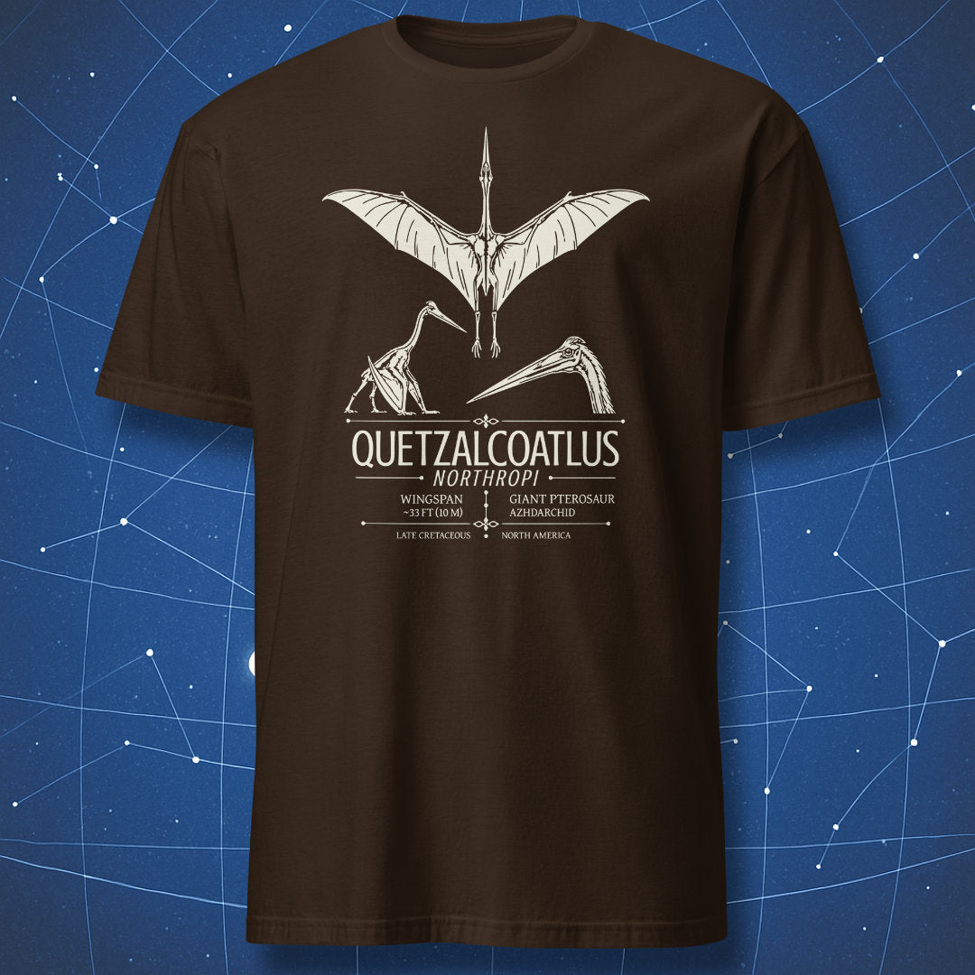 Dark chocolate T-shirt with Quetzalcoatlus giant prehistoric pterosaur illustration