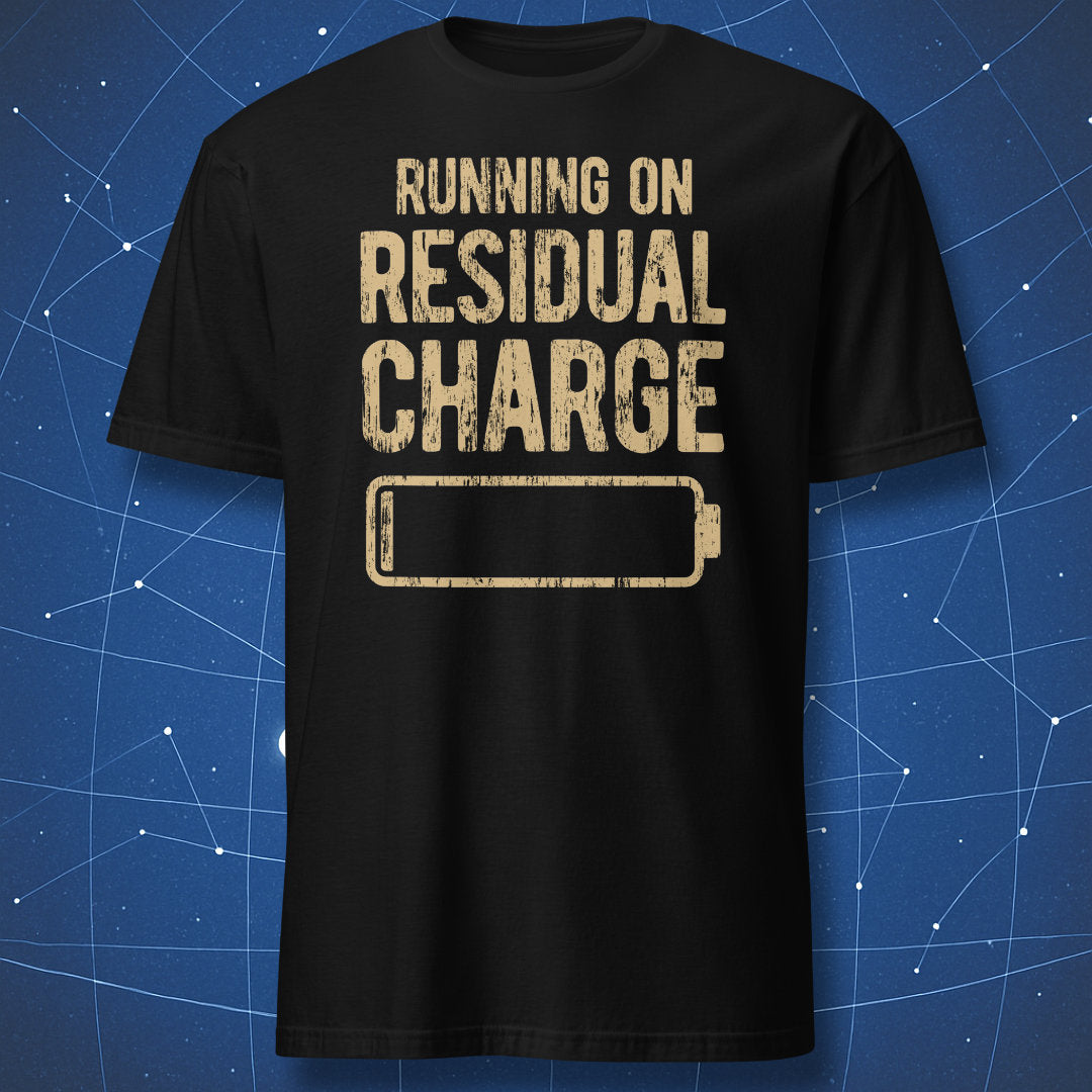 Black Running on Residual Charge T-shirt with a distressed tan low-battery graphic