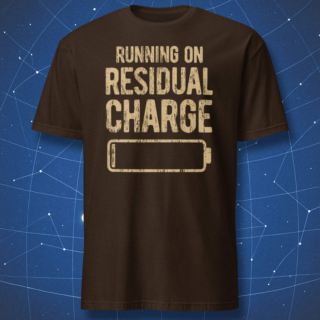 Dark chocolate Running on Residual Charge T-shirt with a distressed tan battery graphic
