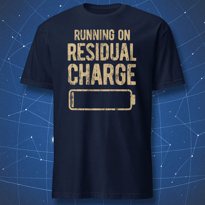 Navy Running on Residual Charge T-shirt with a distressed tan low-battery graphic