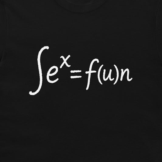 Close-up of the white handwritten ∫eˣ = f(u)n math joke printed on a black T-shirt