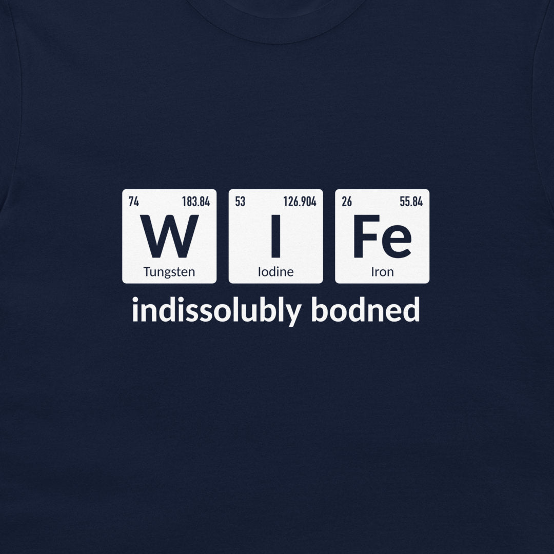Close-up of navy Wife periodic table chemistry joke T-shirt
