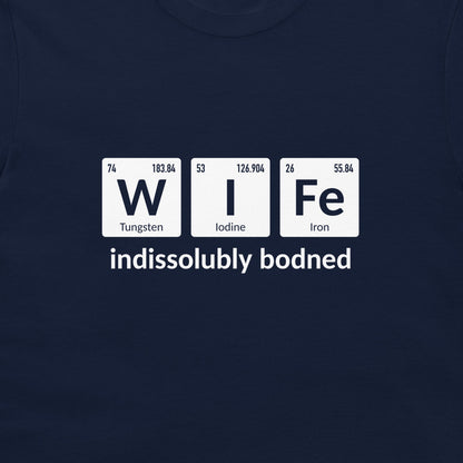 Close-up of navy Wife periodic table chemistry joke T-shirt