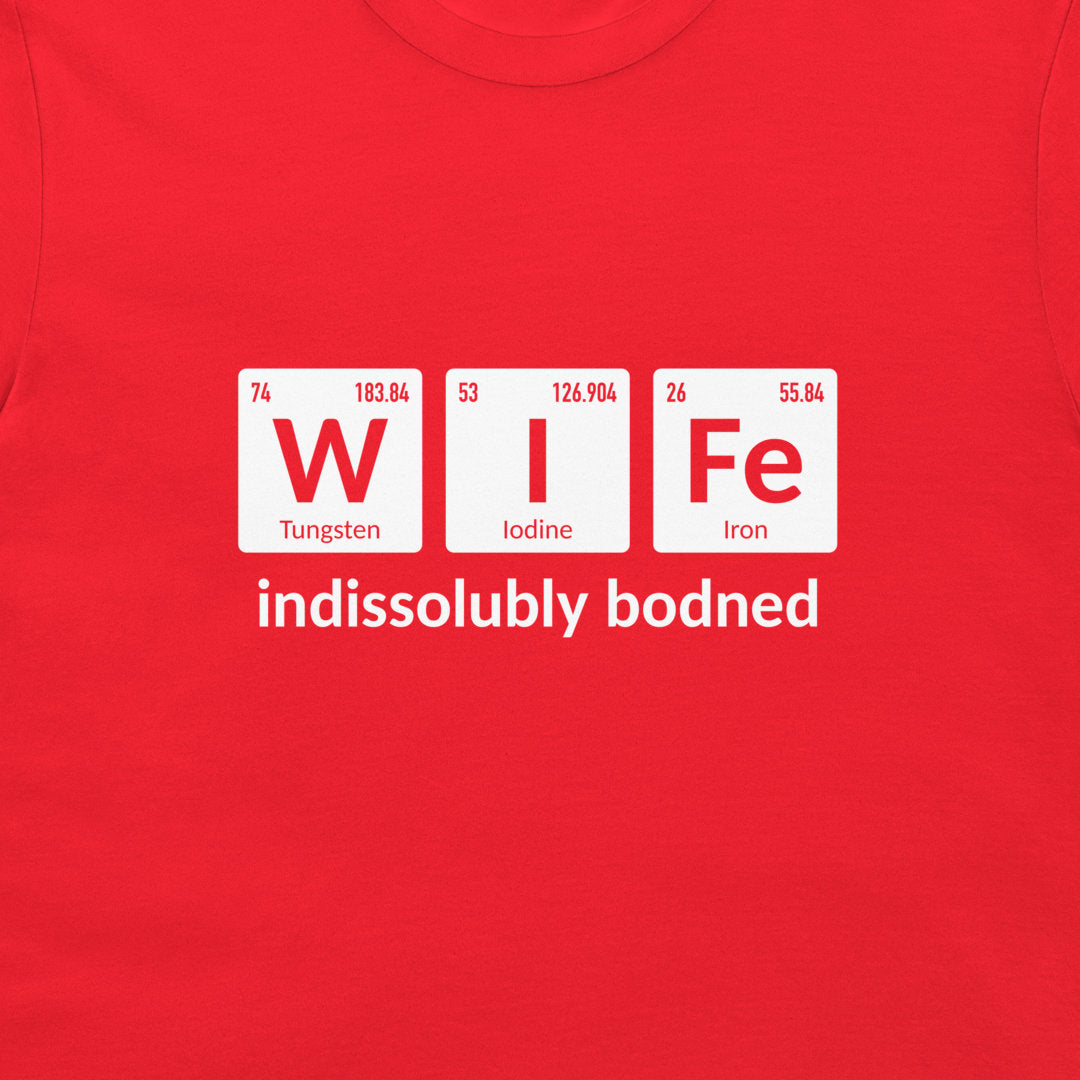 Close-up of red Wife chemistry T-shirt featuring periodic table element symbols