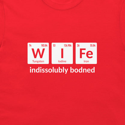 Close-up of red Wife chemistry T-shirt featuring periodic table element symbols
