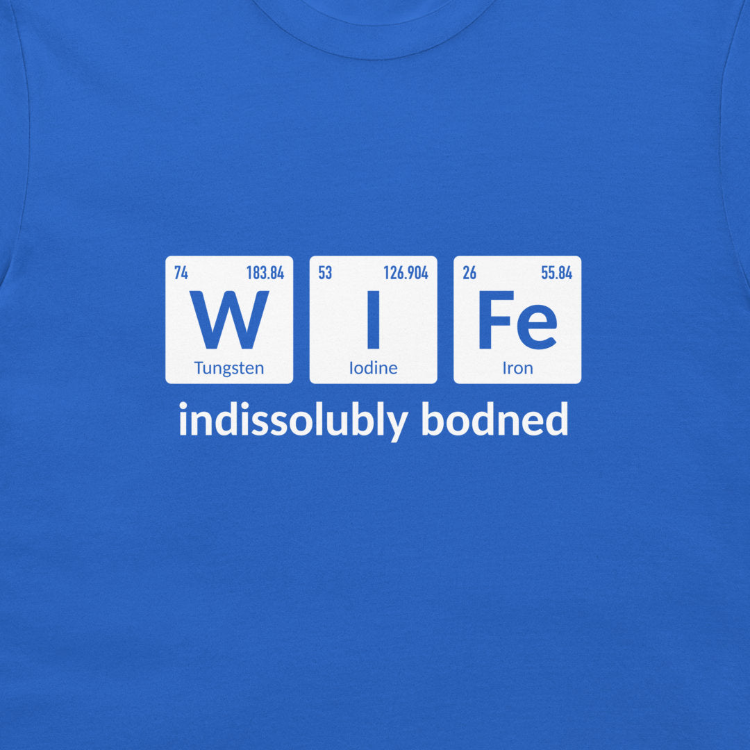Close-up of royal blue Wife periodic table chemistry T-shirt