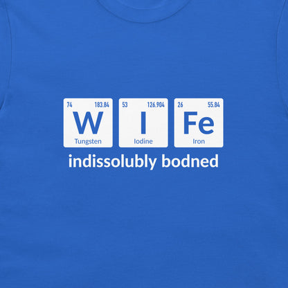 Close-up of royal blue Wife periodic table chemistry T-shirt