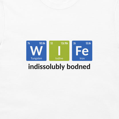 Close-up of white Wife periodic table T-shirt with colorful chemistry element design